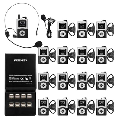 Retekess T130U(4nd Gen T130)Tour Guide System, Translation System(1TX 15RX) | for Church,School,Travel, U-Band, 200M, 40H, with16 USB Charging Ports, Less Interference Voice, One-Key Operation - style: 1-15