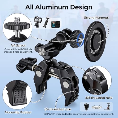 Magnetic Phone Holder for Mic Stand, 360° Rotatable Phone Mount with Clamp | All-Metal Clip Phones Mount for Microphone & Music Stands, Compatible with Magsafe & iPhone 17/16/15/14/13/12