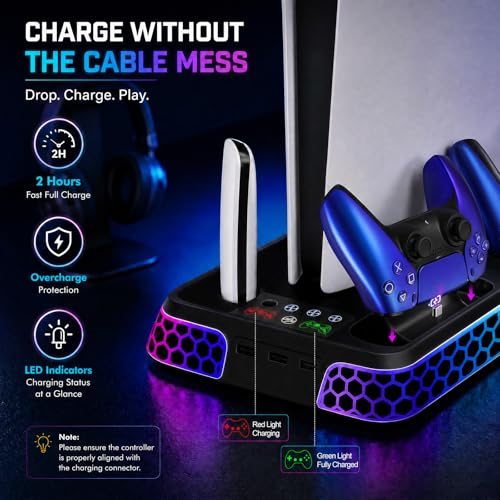 PS5 Stand with Hexagon RGB Aesthetics,PS5 Cooling Station for PlayStation 5 Slim Pro Disc Digital Console with Cooling Fan,Dual Controller Fast Charger USB Hub Headset Holder Game Storage (Black)