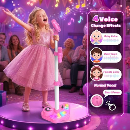 Kids Rechargeable Karaoke Machine Toys with Adjustable Stand, 3-5 4-6 7 8 Year Old GirlsWireless Microphone Gifts, Bluetooth Speaker with 2 Mic Toddler Birthday Gift for Girl Ages 3-8 - color: Pink