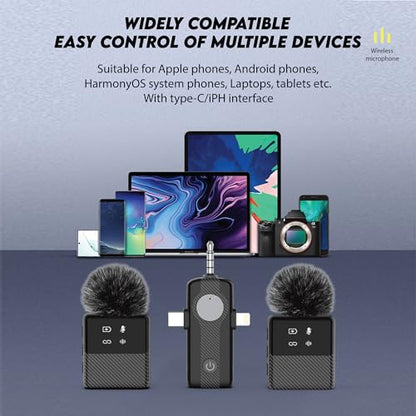3 in 1 Dual Wireless Lavalier Mic System for iPhone and USB-C Android, Plug & Play, Noise Reduction, 30M Range, for Creators, Interviews & Live Streaming | Plug and play, noise reduction, two mics with compact receiver, for interviews, live streaming, pod