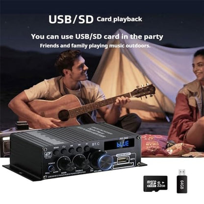 AK-380 블루투스 5.0 홈 오디오 앰프, 최대 400W+400W 2.0CH HiFi 스테레오, 12V 5A 전원 공급 장치, USB SD BT.C FM AUX 포함 무선 수신기, 자동차 홈 바 차고용