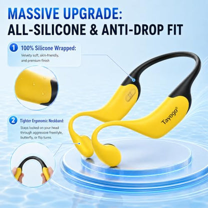 Tayogo Swimming Headphones T6 + W23 Bone Conduction, Under Water Audio System, Spotify Swim Headset, No Need to Download, Waterproof FM Receiving & Bluetooth Open Ear Swim Headset for Training - color: Yellow