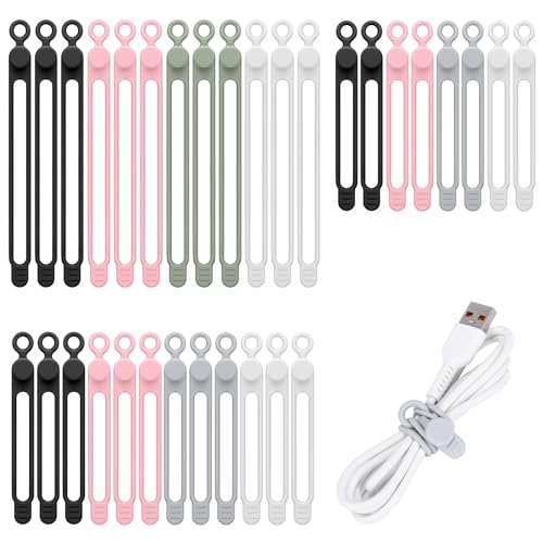 32Pcs Silicone Cable Ties, Data Cable Organizer Silicone Cable Straps Cord Ties Wrap Reusable Wire Organizers Elastic Cables Cord Management Organizers for Electronics, Home, Office, School, Travel