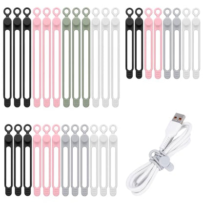 32Pcs Silicone Cable Ties, Data Cable Organizer Silicone Cable Straps Cord Ties Wrap Reusable Wire Organizers Elastic Cables Cord Management Organizers for Electronics, Home, Office, School, Travel