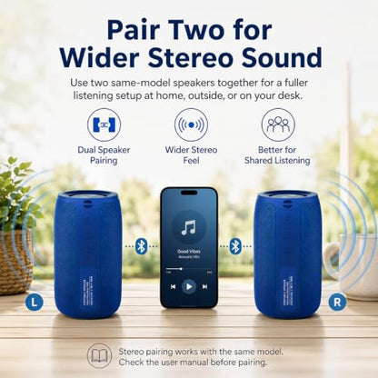 Musibaby M68 Portable Wireless Speaker, 24H Playtime, Blue | Portable, small and compact with USB playback, AUX input, FM radio, TF card playback, up to 24H and dual pairing. - color: Blue