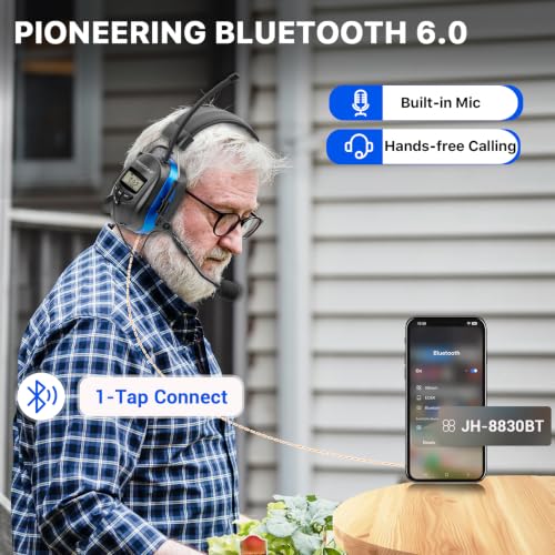 AM FM Radio Hearing Protection Earmuff, Bluetooth 5.4, 30SNR | Rechargeable Hearing Protectors with Gel Earpads, Headphones for Lawn Mowing, Construction, Chainsaw, Landscaping - color: Am/Fm + Bluetooth + Microphone-blue