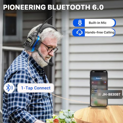 AM FM Radio Hearing Protection Earmuff, Bluetooth 5.4, 30SNR | Rechargeable Hearing Protectors with Gel Earpads, Headphones for Lawn Mowing, Construction, Chainsaw, Landscaping - color: Am/Fm + Bluetooth + Microphone-blue