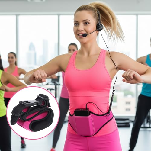 Microphone Belt Holder, Adjustable Mic Belt for Fitness Neoprene Sweat Absorbent Waistband Pouch Case for Fitness Instructor, Teacher, Speaker, Theatre (Rose Red)