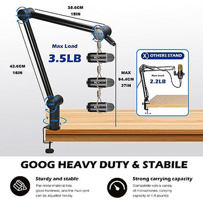 Boom Arm Mic Stand - Adjustable Heavy Duty Suspension Boom Scissor Arm Stand with Cable Management Channels, Desk Clamp for Podcasts, Streaming, Gaming, Home Office, Recording (Black)