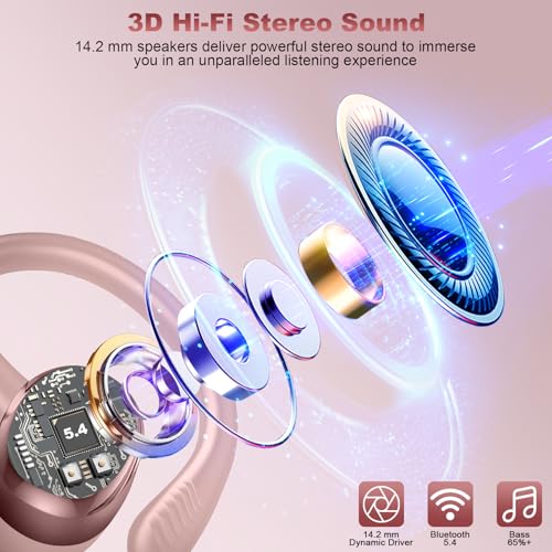 Hupoaf Wireless Earbuds Sport, NEW Bluetooth 5.4 Headphones with Earhooks, 50H Stereo Deep Bass Over Ear Buds with 4 ENC Noise Canceling Mics, IP7 Waterproof Earphones for Running Workout Gym -Pink - color: A-Pink