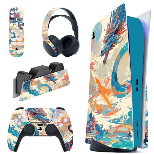 PlayVital Full Set Skin Decal for ps5 Console Disc Edition, Vinyl Sticker Decal Cover for ps5 Controller & Charging Station & Headset & Media Remote - Dragon's Elysium - color: Dragon's Elysium