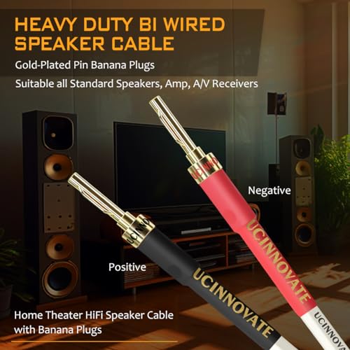 2 Pack 14 AWG OFC Speaker Cable with Pin Banana Plugs, Craft-made HiFi 1.5m/4.9Ft White Square Speaker Wire With Gold-plated Banana Plugs, Speaker Cable for Hi-Fi & Home Audio System, Amp, subwoofer - size: 2 X 1.5m / 4.9 FT