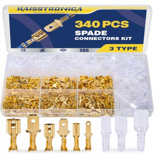 haisstronica 340 PCS Brass Open Barrel Spade Connector, 3 Widths | Dual-Crimp Wings for Wire and Insulation Grip, 2.8/4.8/6.3mm, Auto, Trailer and Marine Wiring, Speaker Wire Connectors - size: 340