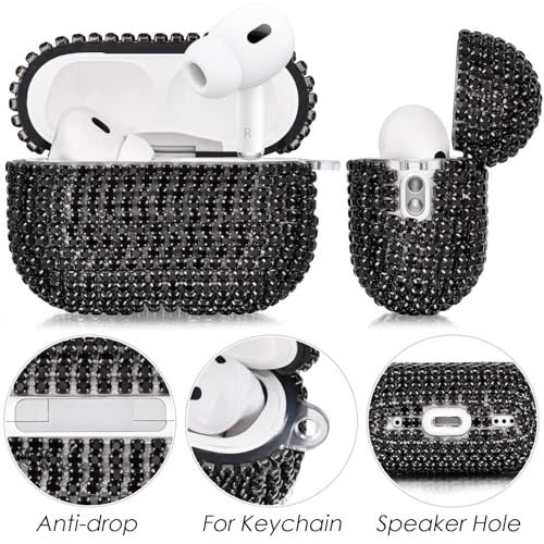 VISOOM Bling Airpods Pro 2nd Generation Case - AirPods Pro 2 Case Cover with Lanyard Women 2024 Crystal iPod Pro 2 Wireless Charging Case Keychain for Apple Airpod Gen Pro 2 (Black) - color: J-Black, size: Airpod Pro 1/2(19/22/23)