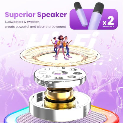 Mini Karaoke Machine, Portable Bluetooth Speaker & 2 Wireless Microphones | Karaoke Player Karaoke Microphone For Family Home Party Outdoor With HI-FI Sound | 5 Magic Sound | PA System | USB | TF | AUX - color: Light Purple