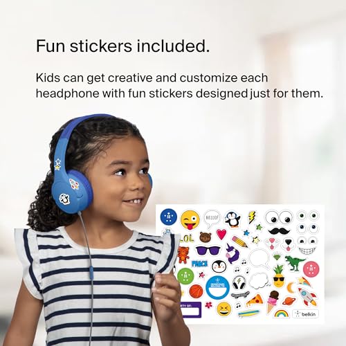 Belkin SoundForm Mini Wired Kids Headphones, On Ear, 3.5mm | Toddler headphones, built-in mic, 85dB safe volume limit, durable design, online learning, classroom, travel - color: Blue, style: Wired