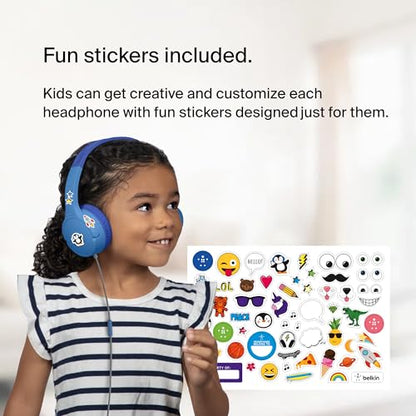 Belkin SoundForm Mini Wired Kids Headphones, On Ear, 3.5mm | Toddler headphones, built-in mic, 85dB safe volume limit, durable design, online learning, classroom, travel - color: Blue, style: Wired