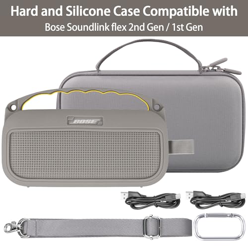 co2CREA Hard and Silicone Travel Case for Bose SoundLink Flex 2/1,Sandstone | 2nd Gen Compatibility, Dual-Layer Protection, EVA Hard Shell, Silicone Cover, Adjustable Shoulder Strap, Aluminum Carabiner - color: Sandstone Case