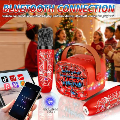 Spider Mini Karaoke Machine for Kids,Birthday Gifts with Lights Fun Voice | Portable Bluetooth Speaker with 2 Wireless Mics for Ages 3,4,5,6,7,8,9,10,11+ Years Old Girls Boys Singing Toys Play & Party