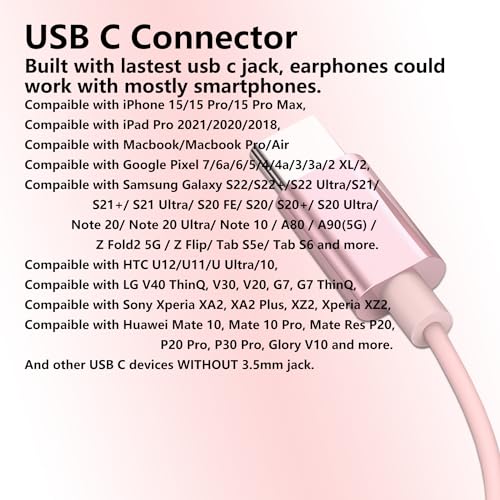 USB C Earbuds Rose Gold, Type C in Ear Headphones Wired, Stereo Bass Pink Earphones with Micphone and Volume Control Compatible with iPhone 15 Samsung Google Pixel Smart Phones
