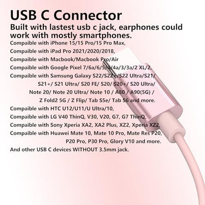 USB C Earbuds Rose Gold, Type C in Ear Headphones Wired, Stereo Bass Pink Earphones with Micphone and Volume Control Compatible with iPhone 15 Samsung Google Pixel Smart Phones