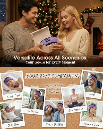 수면 헤드폰 블루투스 5.4 헤드밴드, 옆으로 자는 분들을 위한 초박형 스테레오 스피커가 있는 무선 수면 음악 이어폰, 부드럽고 통기성이 좋은 스포츠 헤드밴드 헤드폰, 운동, 여행, 비행기용 - color: 바이올렛.