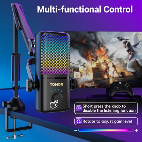 TONOR Gaming Mic Compatible with Xbox, RGB Streaming Boom Mic with 30H Battery Life, Low Noise, Monitoring, Gain Control, One Tap Mute, Fast Charging, Compatible with Capture Card TCX3+ Black - color: Black, style: Modern