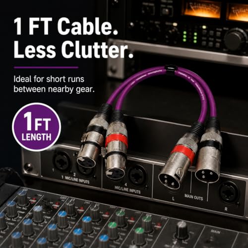 XLR Cable 1ft 2-Pack, Male to Female 3-Pin Balanced Patch Cable, OFC Triple-Shielded Zinc Alloy Mic Cord for Studio, for Shure, for Audio-Technica