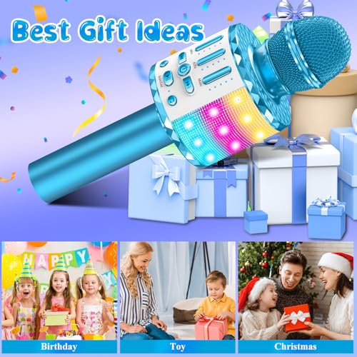 Karaoke Microphone Toys for Kids, Wireless Bluetooth Mic with Lights & Speaker, Portable Home KTV Player System, Perfect Birthday Party for 3-12 Year Old Boys & Girls - color: Blue