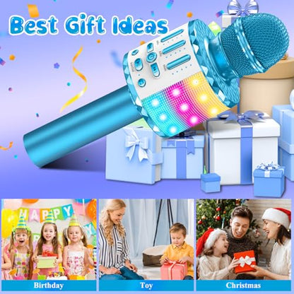 Karaoke Microphone Toys for Kids, Wireless Bluetooth Mic with Lights & Speaker, Portable Home KTV Player System, Perfect Birthday Party for 3-12 Year Old Boys & Girls - color: Blue