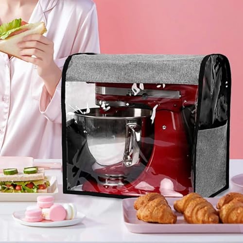 Linen Grey Mixer Dust with Storage Pockets, Oxford Cloth Blender Bag Kitchen Organization, Foldable Anti-Dust Case 35.5cm