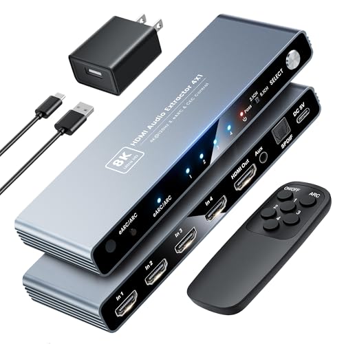 HDMI 2.1 eARC Switch 4 in 1 Out, 4K@120Hz 8K@60Hz Audio Extractor w/Remote | Supports CEC,Optical SPDIF, 3.5mm AUX Audio Output, VRR, ALLM, HDR and HDCP2.3 for PS5, Xbox and 8K Displays