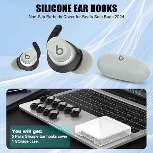 Ear Hooks for Beats Solo Buds, 5 Pairs Ear Hook Compatiable with Beats Solo Bud 2024 Silicone Accessories Anti-Slip Ear Covers Holder [Not Fit in The Charging Case](Black)