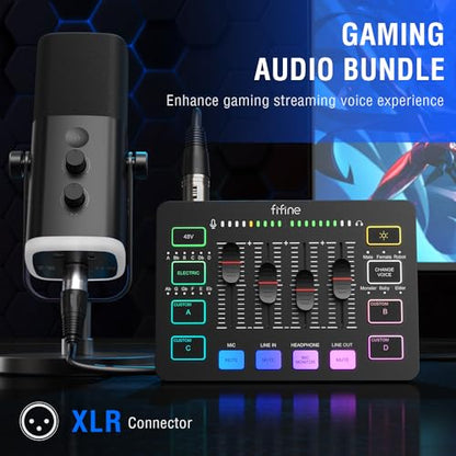 FIFINE Dynamic Gaming Mic Set, Streaming Audio Mixer for Video, Heavy Duty Metal Boom Arm with Desk Mount Clamp, Cable Management Bundle, RGB Gamer Interface Kit for Recording Podcast (KS5+BM66)