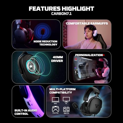 FANTECH Gaming Headset with 7.1 Virtual Surround Sound, Noise Cancelling Microphone, 40mm Drivers, USB Connection, in-Line Audio Control, Compatible with PC, PS4, PS5, Mac, Switch (White)