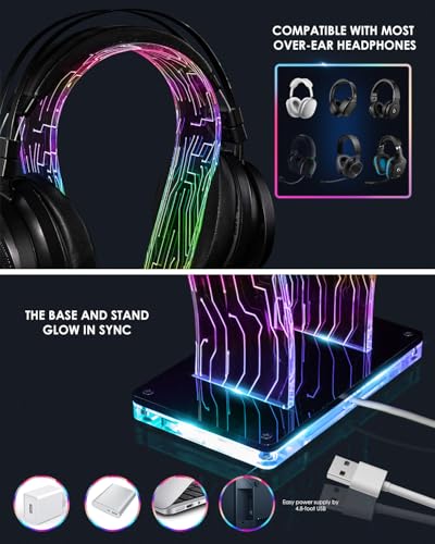 HAYVAN LED Gaming Headphone Stand - RGB Headset Holder for Desk with 60,000+ Colors & App Control, Premium Acrylic USB Light for Gamers