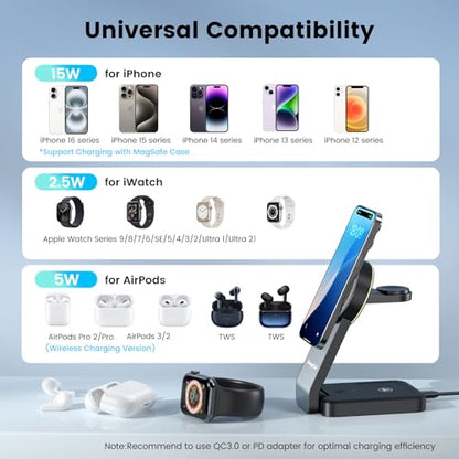 3-in-1 Wireless Charging Station for Apple Devices, 15W Wireless Charger for iPhone 17/16/15/14/13/12, Apple Watch, AirPods, Magnetic Foldable Fast Charger Apple Charging Station