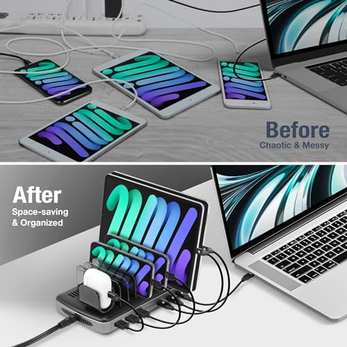 160W 6-Port USB-C and USB-A Charging Station Organizer with 140W PD 3.1 – Includes Cables – for MacBook, iPhone, iPad, AirPods, Smartphones, Tablets, and Gaming Devices - Black