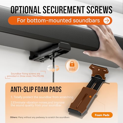 Soundbar Wall Mount Bracket for Samsung, Sony, LG, Vizio, Bose, JBL and More Sound Bar Mounts Under TV, Depth Adjustable 3.8”-6.5”, Hold up to 38 lbs, Soundbar Shelf, Black