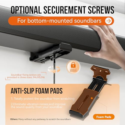 Soundbar Wall Mount Bracket for Samsung, Sony, LG, Vizio, Bose, JBL and More Sound Bar Mounts Under TV, Depth Adjustable 3.8”-6.5”, Hold up to 38 lbs, Soundbar Shelf, Black