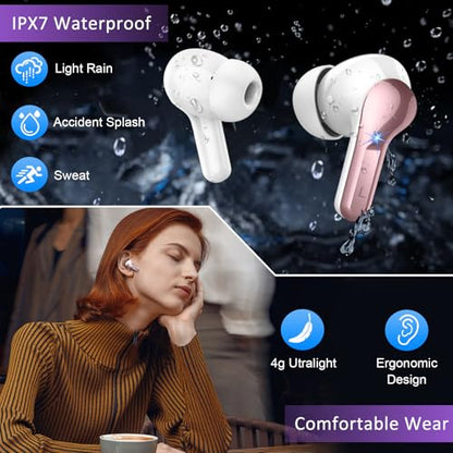 Wireless Earbuds Bluetooth Headphones, 2025 Hi-Fi Stereo Deep Bass Ear Buds, 4 ENC Noise Cancelling Mic, USB Fast Charging in-Ear Earphones, IP7 Waterproof Workout Sport for Laptop Pad Android iOS - color: Rose Gold
