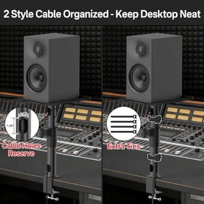 Heavy-Duty Desk Studio Monitor Stand Pair, Height Extend Desktop Speaker Stands, Tilt & Swivel Adjustable 9.3" x 8.9" Plate for KRK, JBL, Klipsch, PreSonus & Polk Audio, Built-in Cable Management