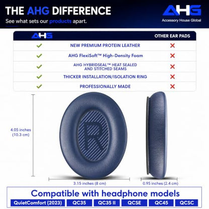 AHG QC45 Ear Pads Compatible with Bose QuietComfort 45 35 QC35 II QCSC QCSE | Midnight Blue | Easy DIY Fit | Premium Protein Leather | Extra Thick | Soft High-Density Foam - color: Midnight Blue