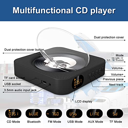 MICOCIOUS Portable CD Player with Bluetooth Desktop CD Player for Home CD Music Players withTimer,Built-in Dual Speakers with LED Display Home Audio Boombox FM Radio (Black) - color: Black