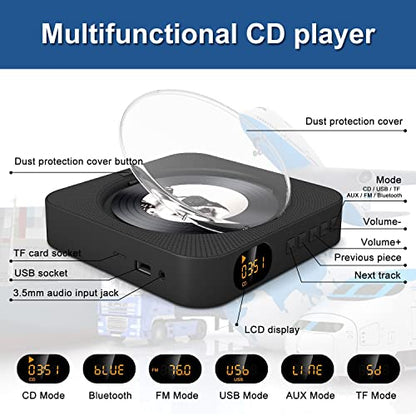 MICOCIOUS Portable CD Player with Bluetooth Desktop CD Player for Home CD Music Players withTimer,Built-in Dual Speakers with LED Display Home Audio Boombox FM Radio (Black) - color: Black