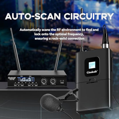 Gimkuls Wireless Lavalier Microphone System, Dual UHF Cordless Lapel Mic Set with 2 Bodypacks, 200 Channels, 328ft Range, XLR/6.35mm Outputs for Church, Speaking, Teaching, Interview
