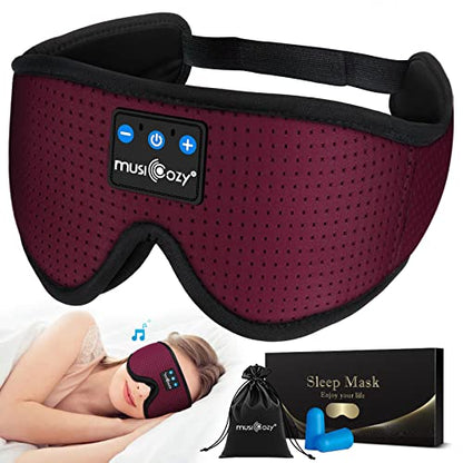 MUSICOZY 3D Sleep Headphones Bluetooth 5.4 Breathable Sleep Eye Mask | Cooling Fabric Lining with Blackout Design for Side Sleeper, HD Stereo Sound, 14 Hours Playtime for Sleep, Travel, Relaxation - color: Maroon Red