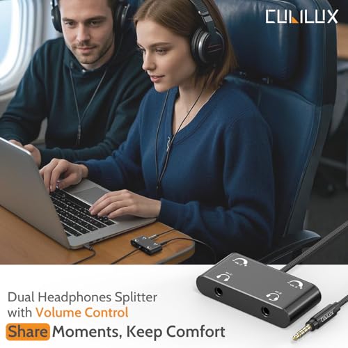 Cubilux Headphone Splitter with Volume Control, 3.5mm Dual Earphones Connector, 1/8 Double Audio Jack Adapter for 2 People, Music Share Adapter for Plane, Train Travel - style: 3.5mm