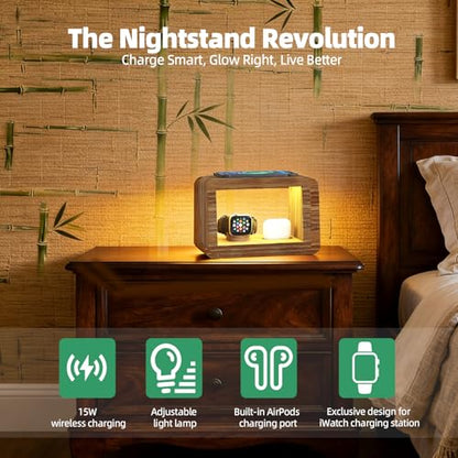 4 in 1 Bamboo Charging Station for Multiple Devices, 15W Fast Wireless Charger with Stepless Dimmable Night Light, Wood Style Dock Compatible with iPhone/iWatch/AirPods